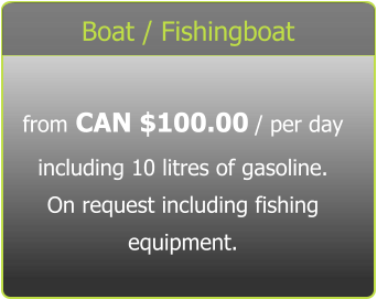 Boat / Fishingboat from CAN $100.00 / per day including 10 litres of gasoline. On request including fishing equipment.