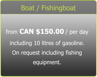 Boat / Fishingboat from CAN $150.00 / per day including 10 litres of gasoline. On request including fishing equipment.